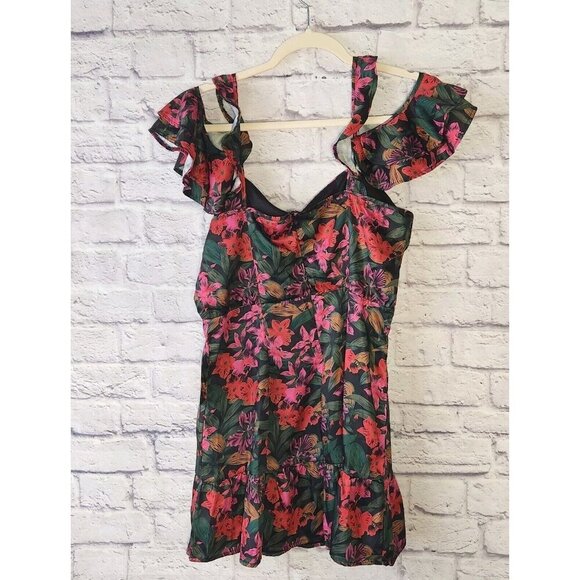 NSR Womens Size XL Off-the-shoulder Mini Dress In Black/ Pink Tropical Print - Picture 2 of 7